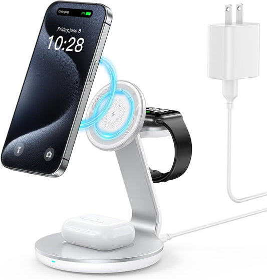 3 in 1 Charging Station for Apple Devices, Mag - Safe Charger Stand,15 W Fast Magnetic Charger Wireless Compatible for iPhone 16 15 14 13 12 Pro/Max/Plus/Mini, AirPods Pro/3/2, iWatch 9/8/7/6/SE/5/4