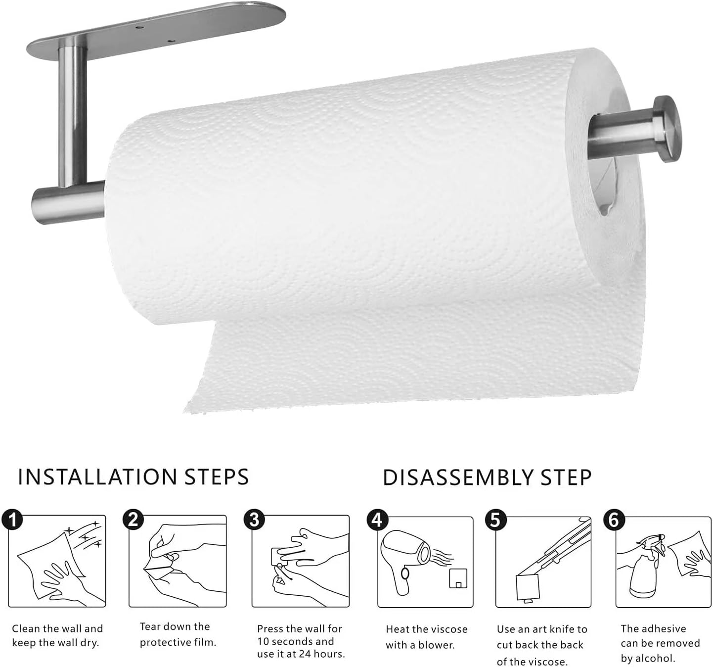 Under Cabinet Paper Towel Holder – SUS 304 Stainless Steel, Waterproof & Rustproof, Strong Adhesive Mount, 13.2” x 3.5”