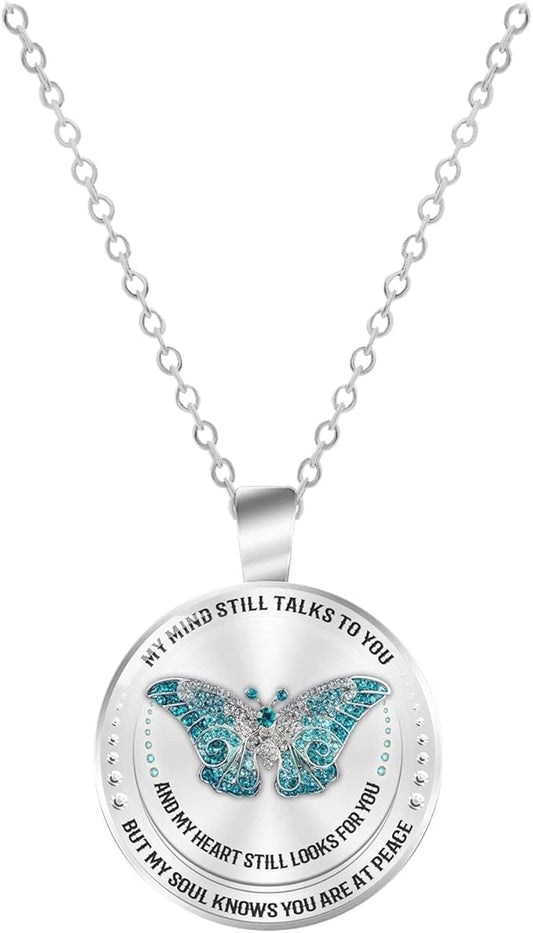 Blue Butterfly Memorial Necklace – “My Mind Still Talks to You” Silver Chain, 21 Inches
