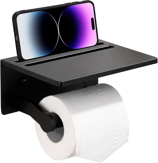 oilet Paper Holder with Shelf, Black Anti-Rust Aluminum Tissue Roll Holder with Mobile Phone