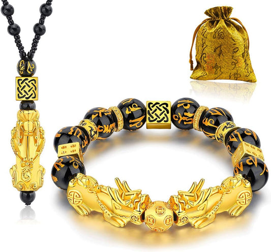4Pcs Pi Xiu Obsidian Feng Shui Bracelet & Necklace Set – Wealth, Luck, Protection Amulet Jewelry