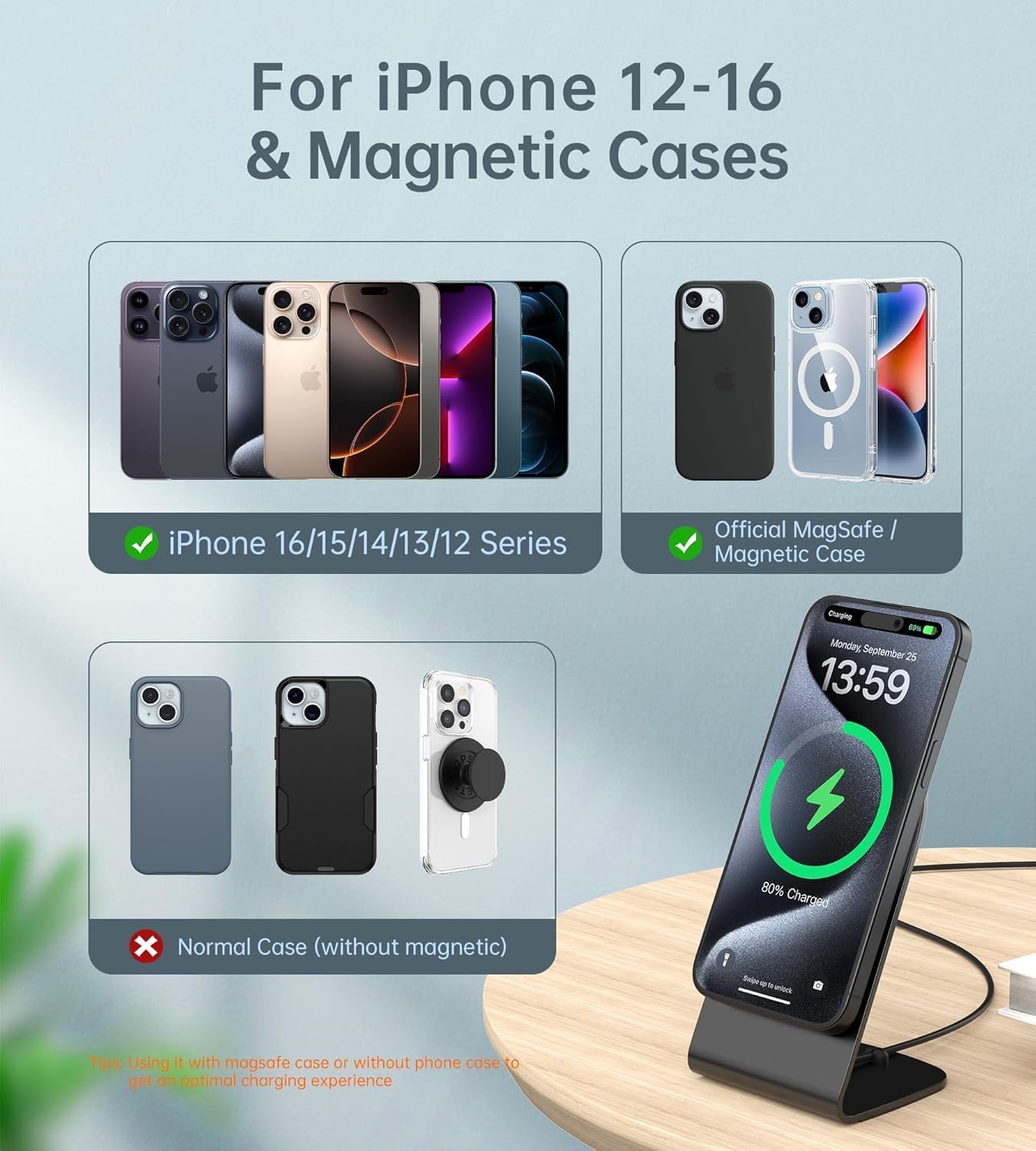 2 in 1 Magnetic Wireless Fast Charger with 20W USB-C Adapter & Aluminum Stand
