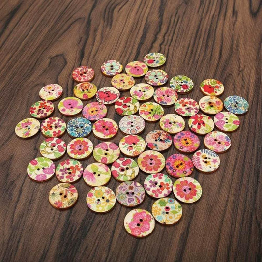 100 PCS 15mm Flower Wooden Buttons – 2-Hole Mixed Craft & Sewing Supplies 🌸🧵