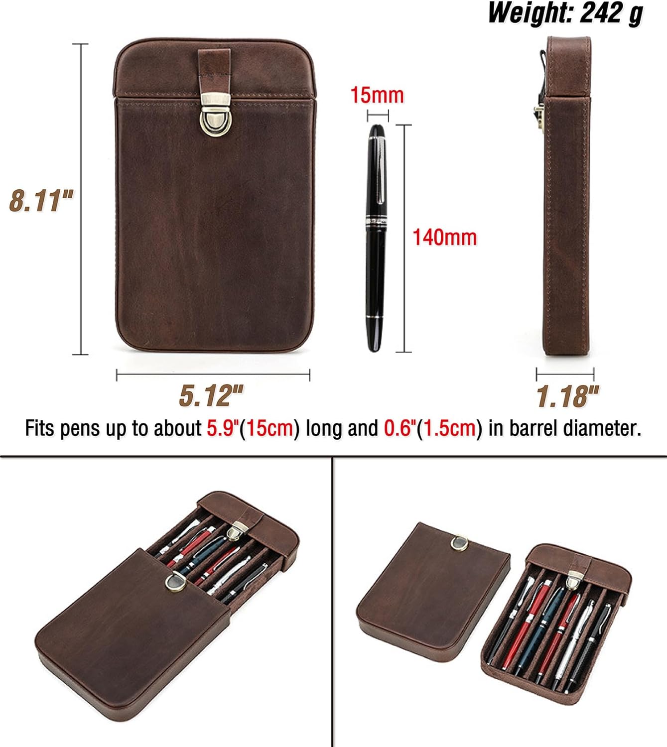 Top Grain Genuine Leather 6 Fountain Pen/Pencil Tray Case Holder