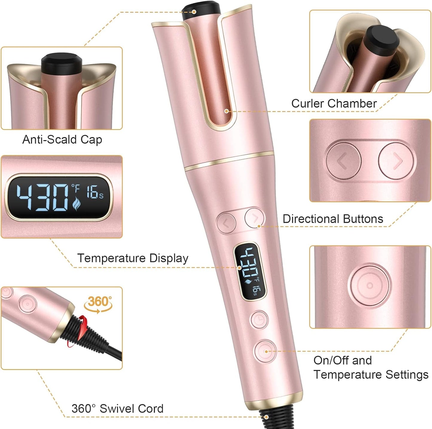 Automatic Hair Curler with LCD Display – 1” Rotating Barrel, 4 Heat Settings, 3 Timers, Dual Voltage Curling Wand for Effortless Styling