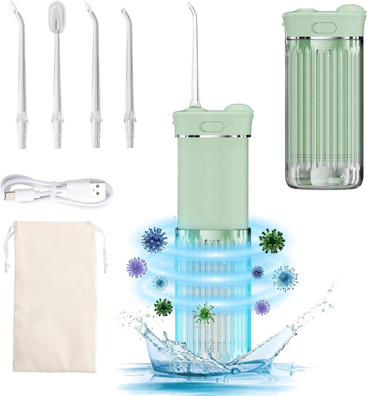 Travel Water Flosser, Mini Portable Oral Irrigator, Telescopic Water Tank, 4 Nozzles, Unique Light, IPX7 Waterproof (Green)