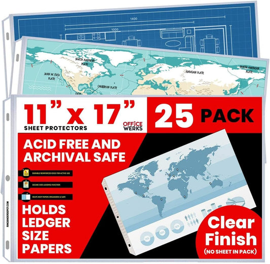 11 x 17 Sheet Protectors, Landscape View, 25 Pack, Side Loading, Protect, Store and Display 11X17 Paper, Photographs, Prints, and Documents
