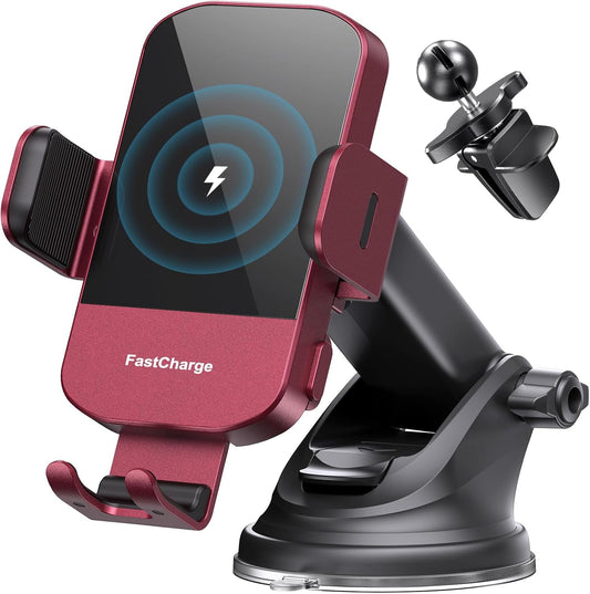 15W Wireless Car Charger - Smart & Fast Charging, Enhanced Suction Power, Robust Auto-Clamping for Secure Mounting - Perfect for iPhone 14/13/12 & Samsung Galaxy S23/S22/S20, etc, Red