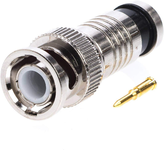 RG59 Male Compression Coax Connector for CCTV Security Camera DVR Systems, All-Metal Construction with Anti-Corrosion Nickel-Plated Finish, 2-Piece Design for Superior RF Integrity – 50 Pack