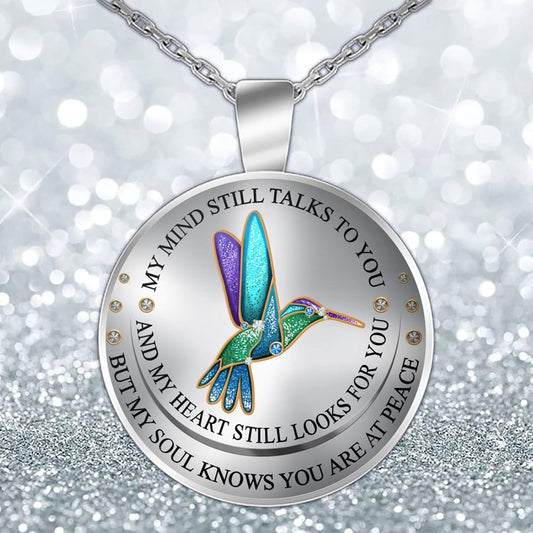 My Mind Still Talks To You" HummingBird - Glass Cabochon Silver Charm Pendant Necklace, Memorial