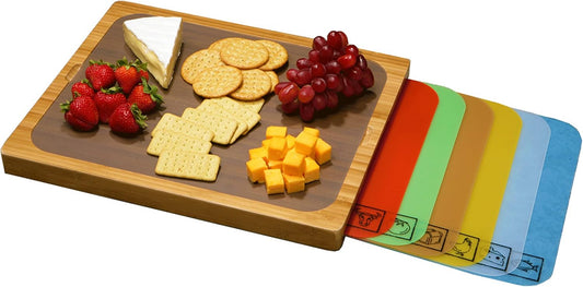 Bamboo Wood Cutting Board with 7 Color-Coded BPA-Free Mats – Premium Serving Tray for Bread, Cheese, Fruits, Vegetables & Meats