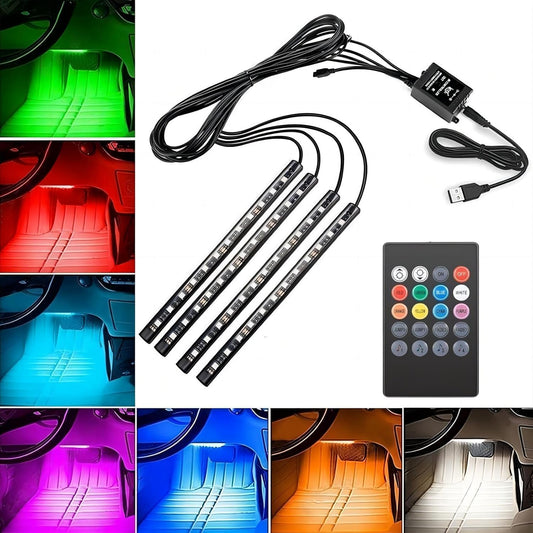 LED Car Interior 4pc, LED Light Strips Auto Car Interior Light LED Music Lighting Kit, 48 LED Light Strips with Activated Son-Control Music