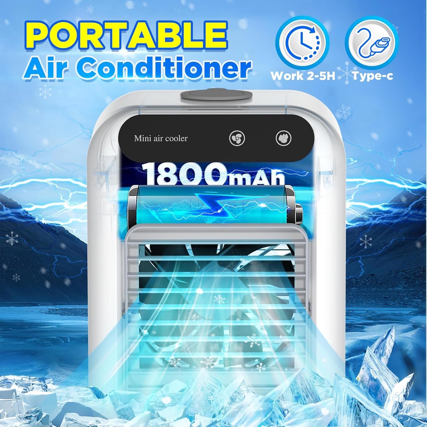 Portable Air Conditioners, 3-In-1 Cooling Fan Air Conditioner with 2-Speed Mist & Fan, Built-In 1800mah Battery, 500ml Water Tank, Portable Air Cooler for Traveling, Office, Living Room, Bedroom
