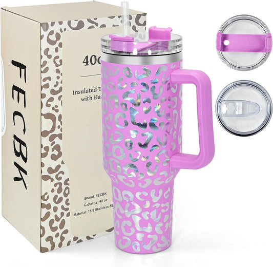 40 oz Tumbler with Handle and Straw - Lavender Rose Leopard