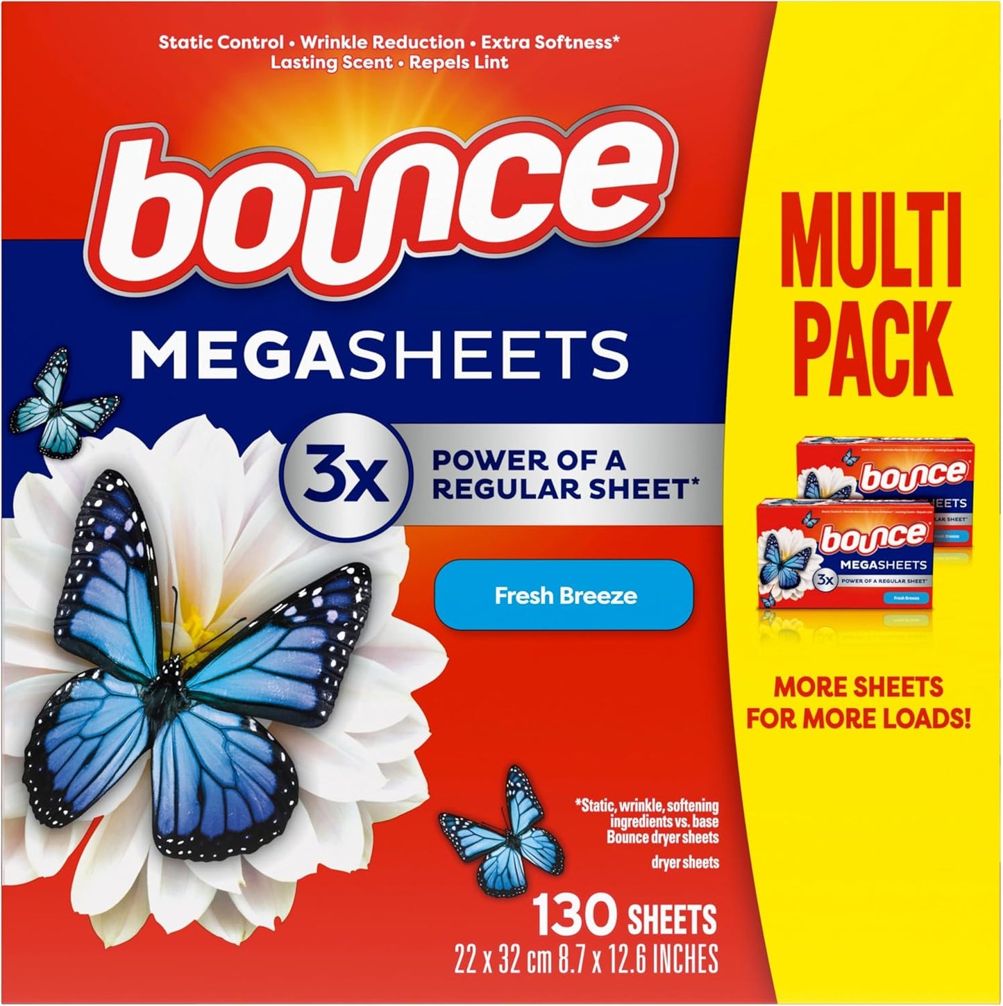 Bounce Mega Dryer Sheets, Fresh Breeze, 130 Count, Mega Fabric Softener Sheets with Static Control, Wrinkle Reduction, Extra Softness, Lasting Scent, Repels Lint
