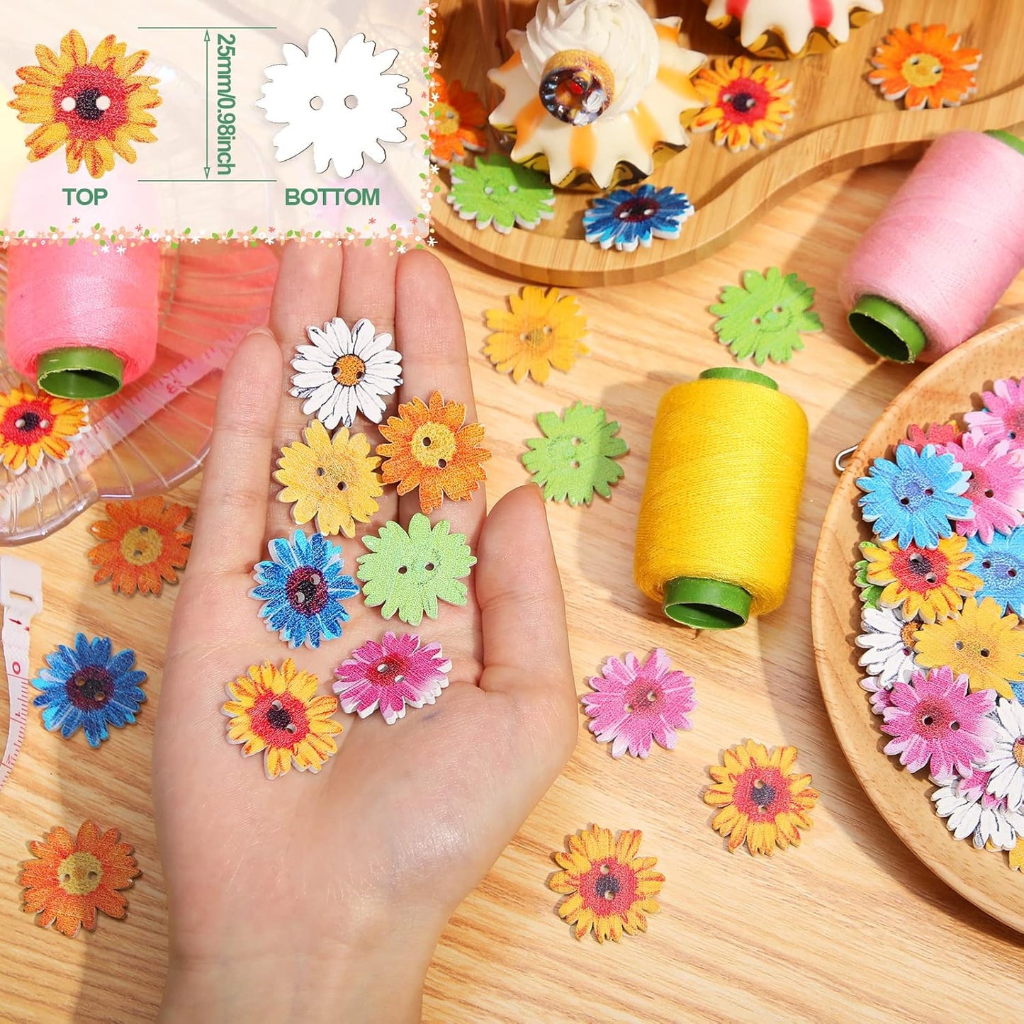 100Pcs Wood Daisy Buttons Painted Wooden Flower Buttons