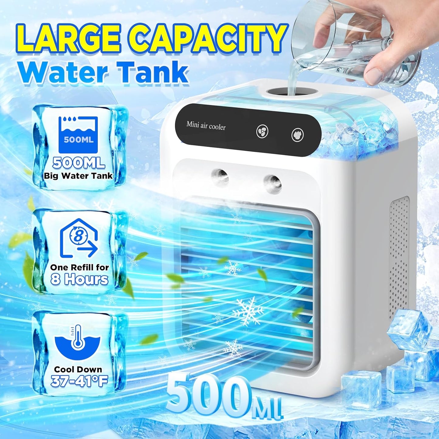 Portable Air Conditioners, 3-In-1 Cooling Fan Air Conditioner with 2-Speed Mist & Fan, Built-In 1800mah Battery, 500ml Water Tank, Portable Air Cooler for Traveling, Office, Living Room, Bedroom