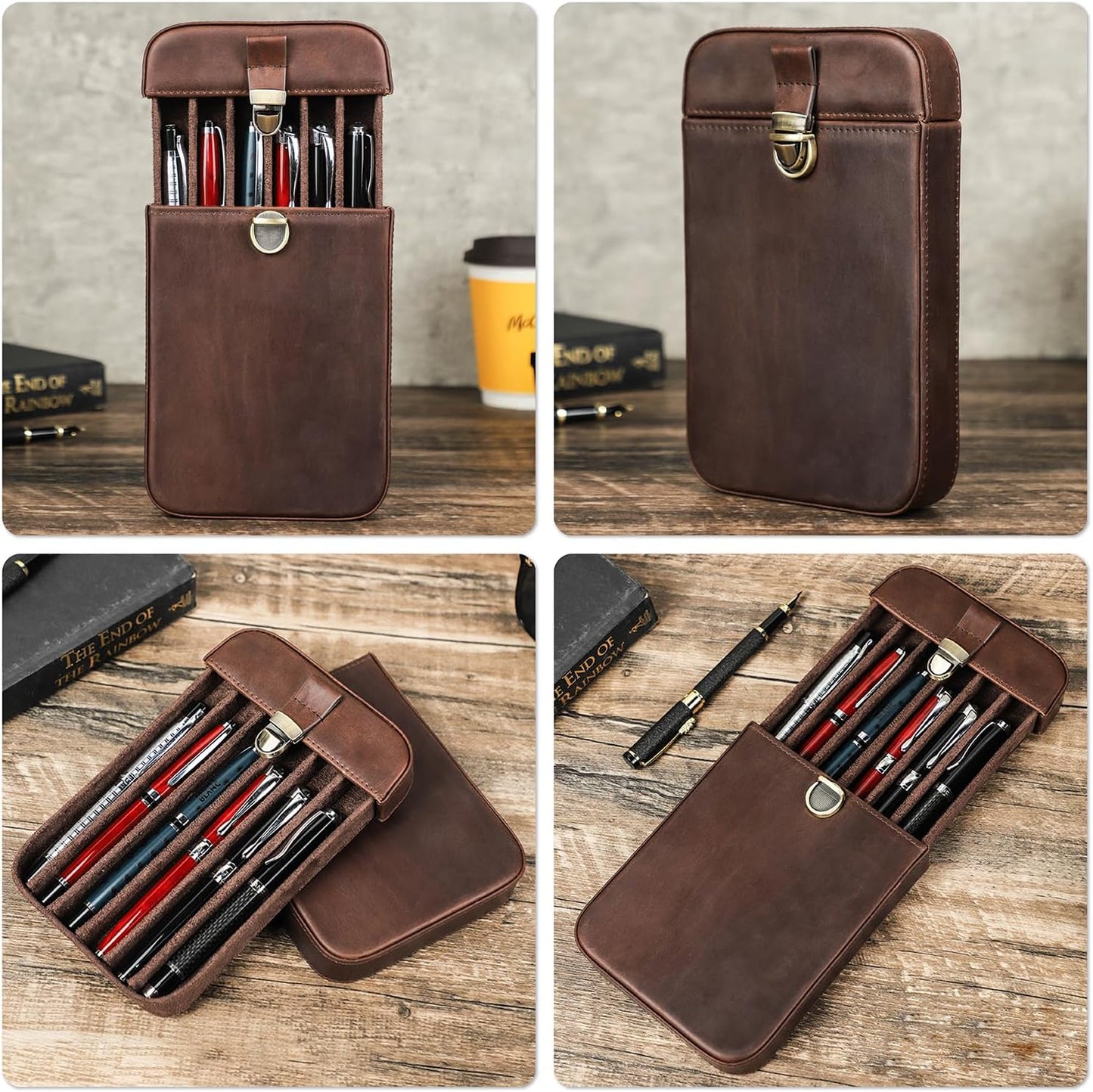Top Grain Genuine Leather 6 Fountain Pen/Pencil Tray Case Holder