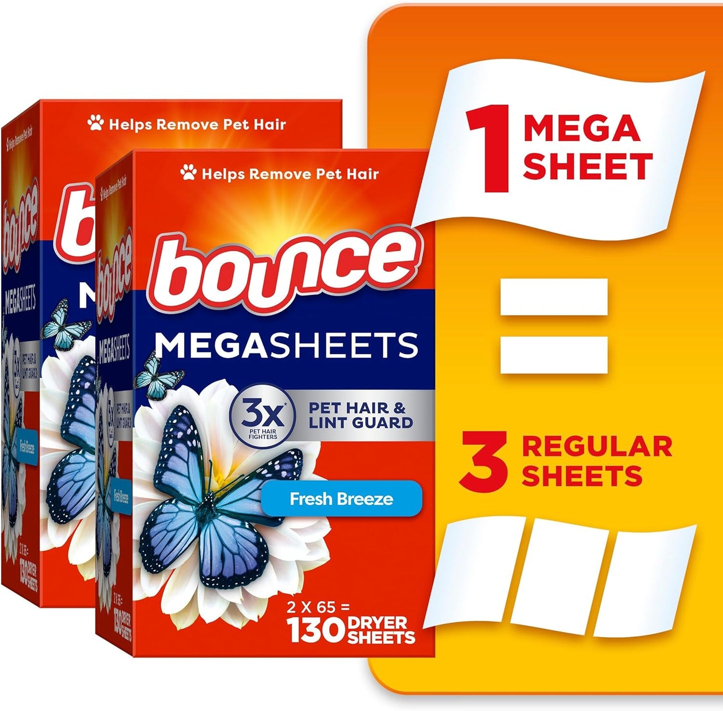 Bounce Mega Dryer Sheets, Fresh Breeze, 130 Count, Mega Fabric Softener Sheets with Static Control, Wrinkle Reduction, Extra Softness, Lasting Scent, Repels Lint
