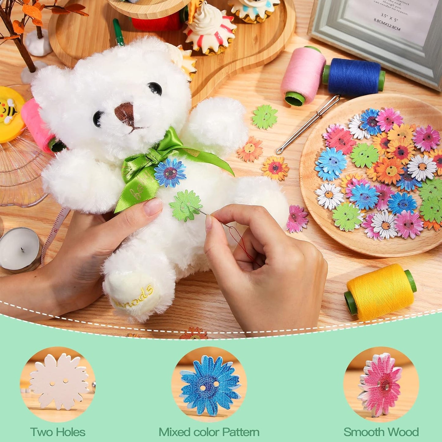 100Pcs Wood Daisy Buttons Painted Wooden Flower Buttons