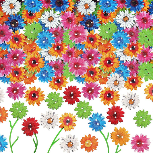 100Pcs Wood Daisy Buttons Painted Wooden Flower Buttons