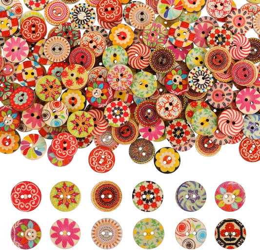 🌼 100pcs 25mm Boho Flower Wooden Buttons – 2-Hole Mixed Designs for Sewing, Scrapbooking & DIY Crafts