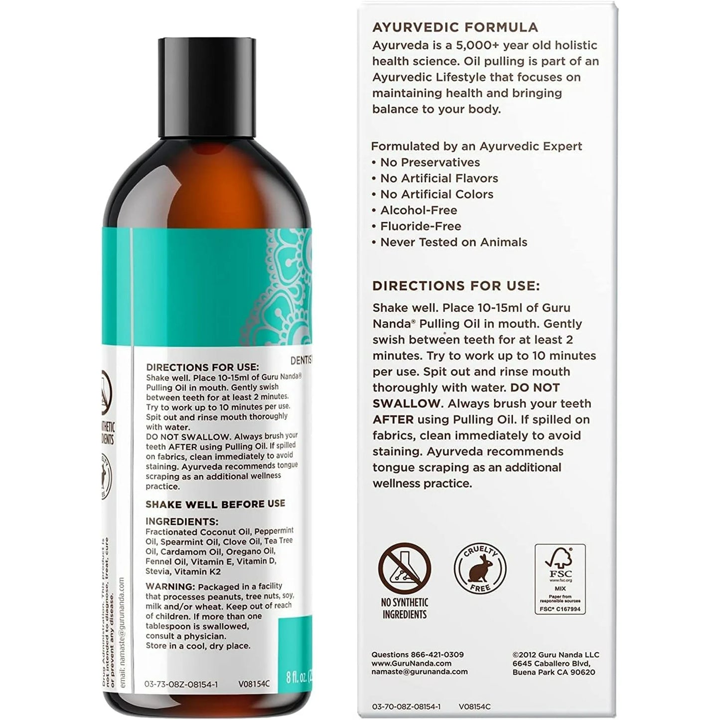 GuruNanda Oil Pulling with Cocomint, Essential Oils & Vitamins D3,E,K2 - Natural Mouthwash - 8 oz