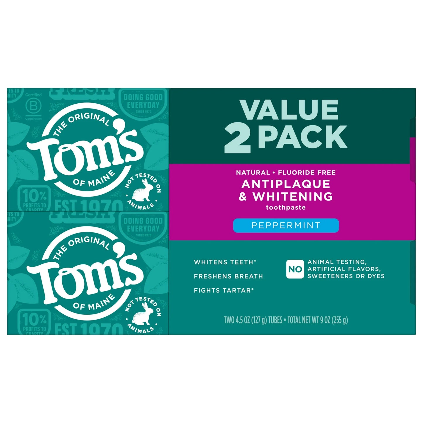 Tom’s of Maine Antiplaque and Whitening Fluoride Free Toothpaste, Peppermint, 4.5 Oz
