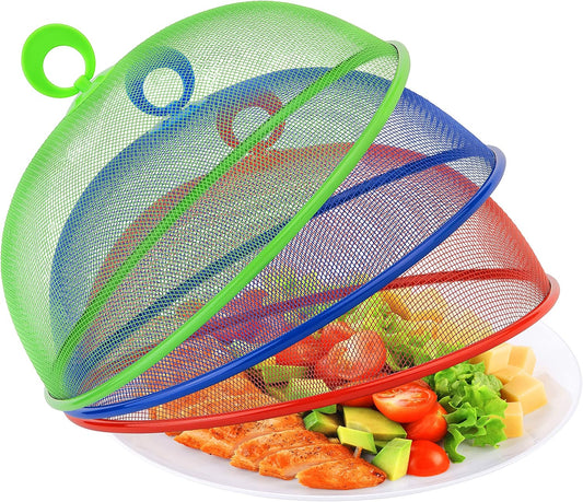 Metal Mesh Screen Food Cover Tent Umbrella, 10.75 inch (3 Pack, Green Blue Red)