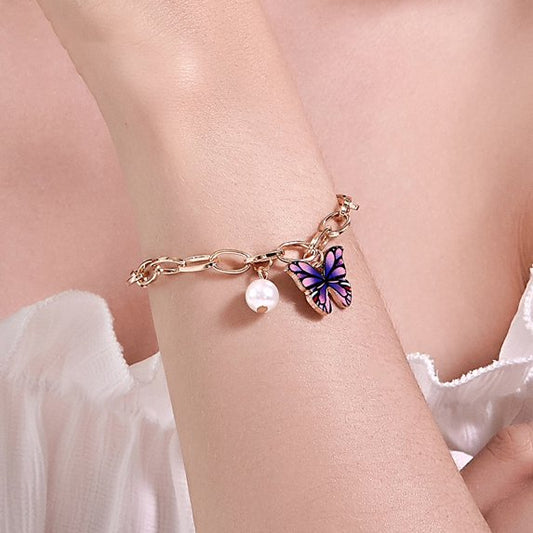 Gold Plated Chain Bracelet – Purple Butterfly Charm & Real Pearl Accent