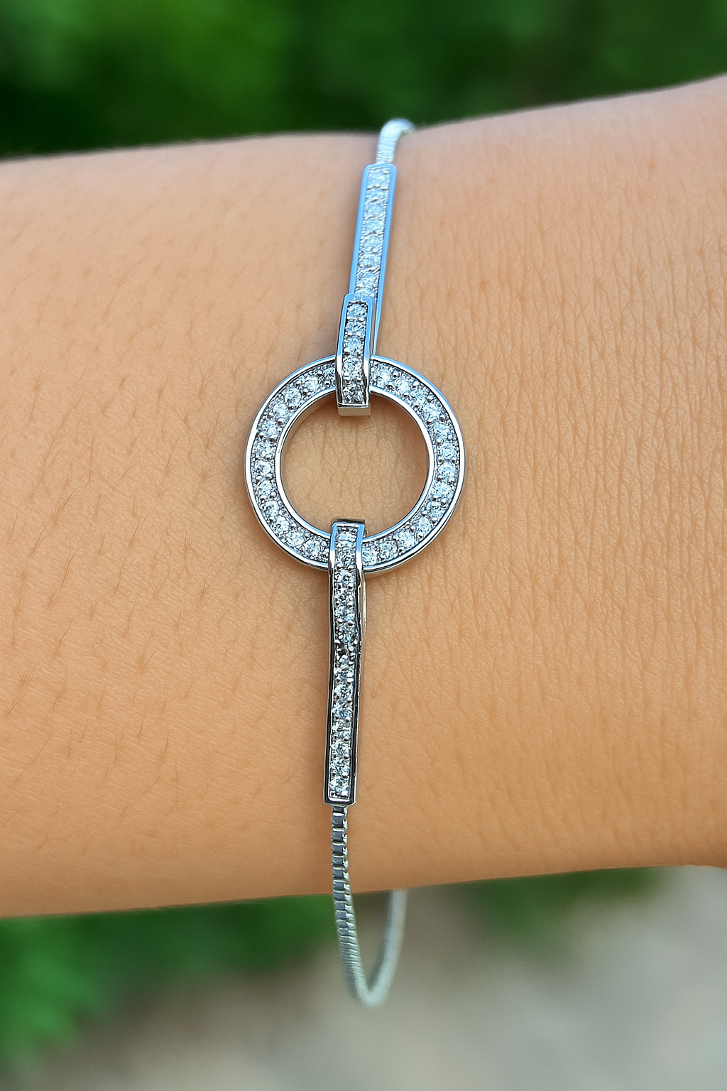 Silver Geometric Bracelet with Full Diamond Ring – Simple Titanium Steel Hand Jewelry for Women