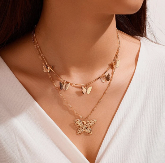 2-Layered Butterfly Choker Necklace – Trendy Gold-Tone Chain for Women & Girls