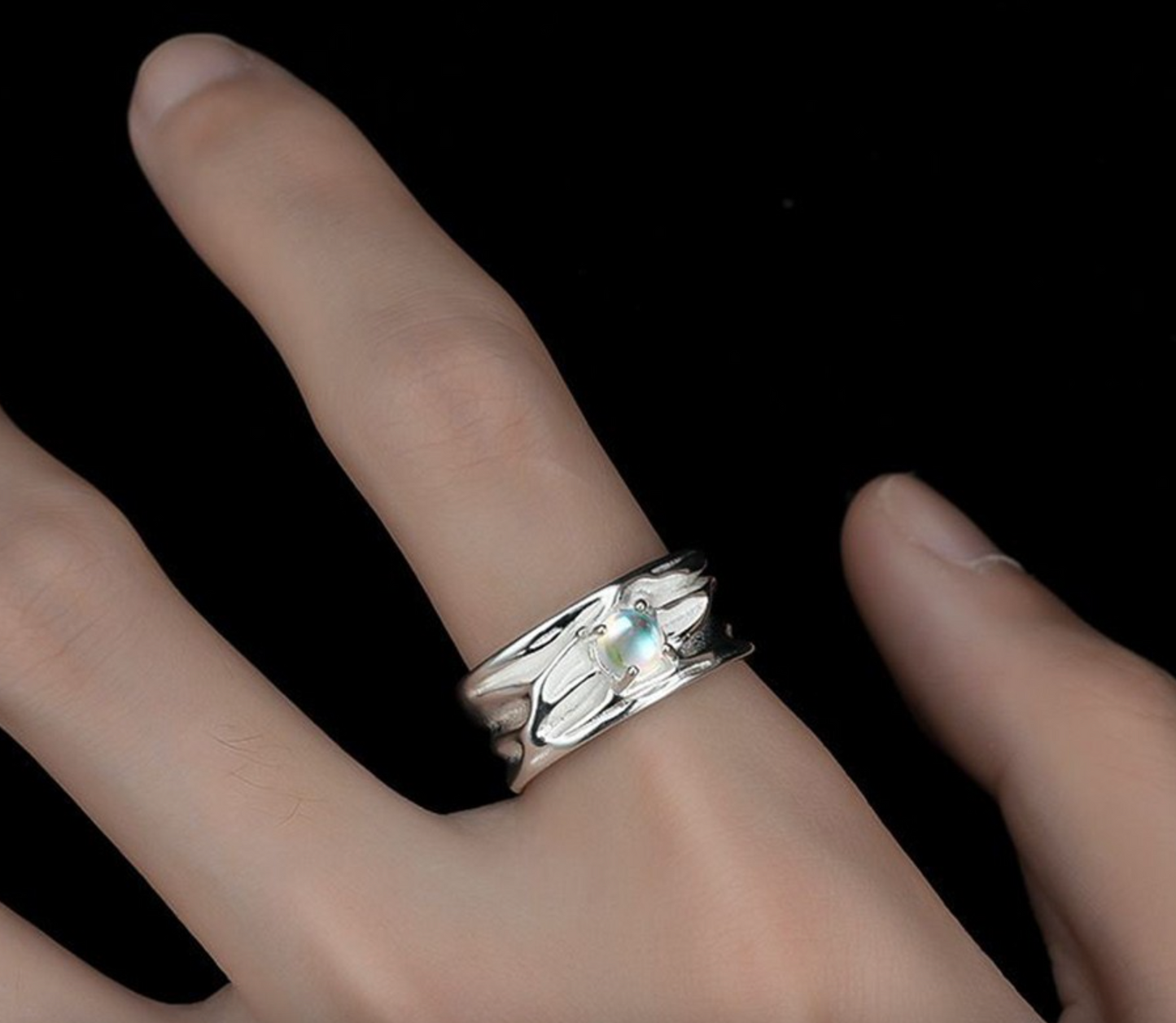 Geometric Open Moonstone Ring – Gold Plated Copper Adjustable Ring for Women