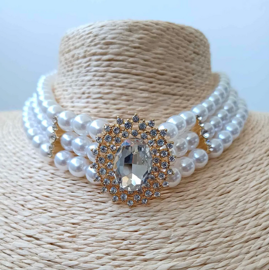 Elegant 3-Layer Pearl Choker Necklace with Crystal Pendant – Vintage-Inspired Statement Jewelry for Women