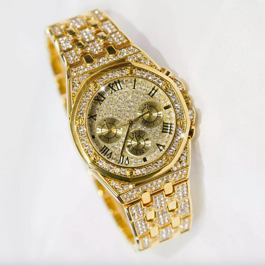 ✨ Luxury Gold Plated Triple Dial Quartz Watch with Rhinestones for Men