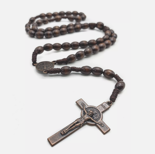 St Benedict Wood Rosary Cord Beaded Chaplet Wood Beads Saint Medal & Cross