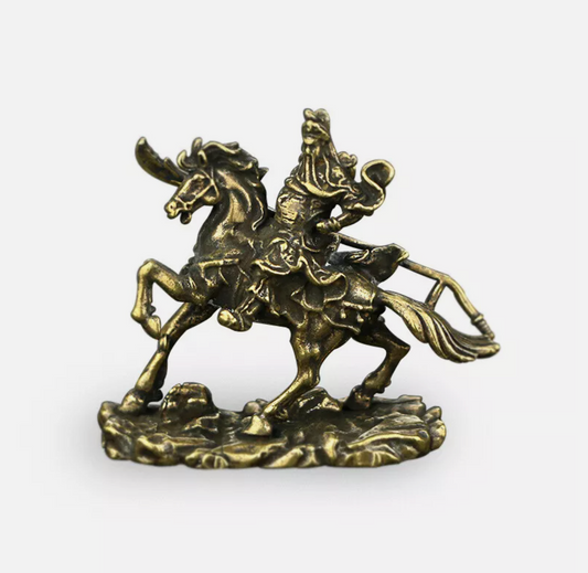 Antique Brass Guan Yu Horse Riding Bronze Statue Office Warrior Buddha Ornaments