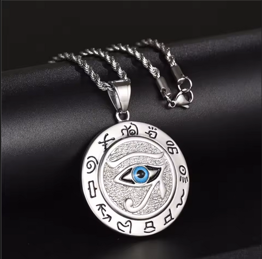 Silver Eye of Horus Necklace – 24" Stainless Steel Chain with Round Egyptian Protection Pendant