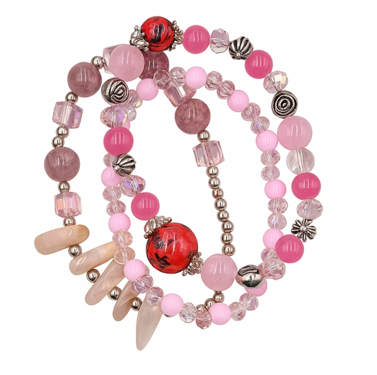 Multi-Layered Pink Natural Stone Bracelet – Rose Quartz & Crystal Bead Charm Wrap for Women | Handmade Healing Jewelry