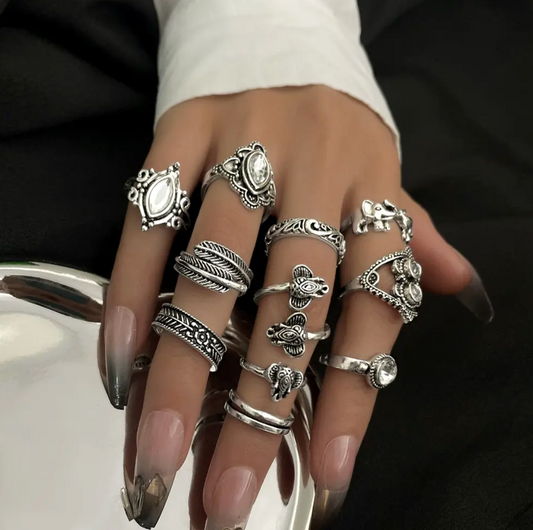 11-Piece Vintage Silver Boho Ring Set for Women – Gem Inlaid Elephant, Leaf & Feather Designs