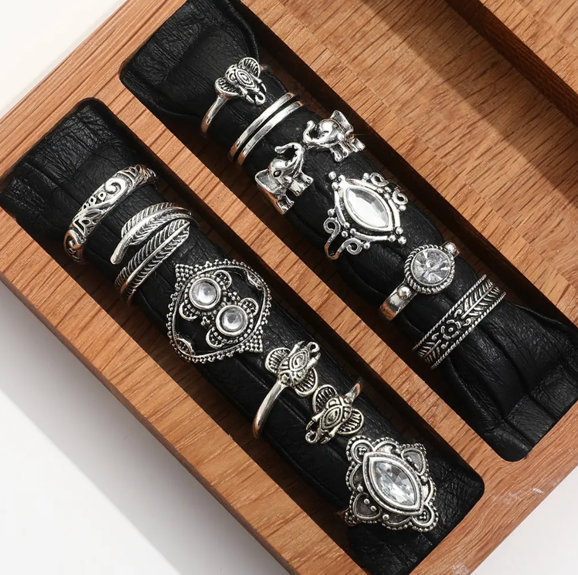 11-Piece Vintage Silver Boho Ring Set for Women – Gem Inlaid Elephant, Leaf & Feather Designs