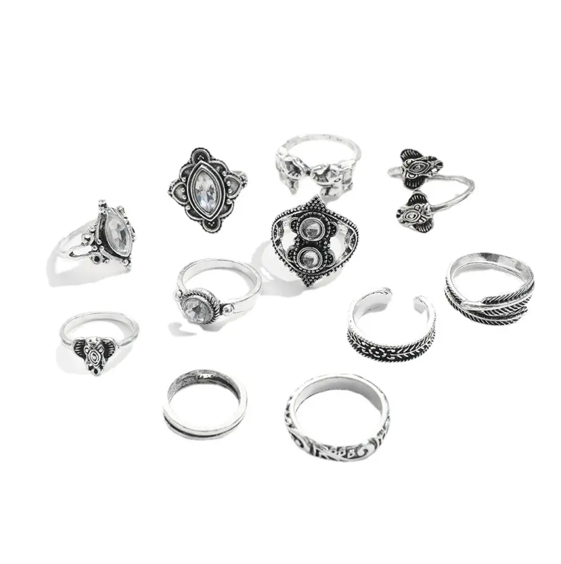 11-Piece Vintage Silver Boho Ring Set for Women – Gem Inlaid Elephant, Leaf & Feather Designs