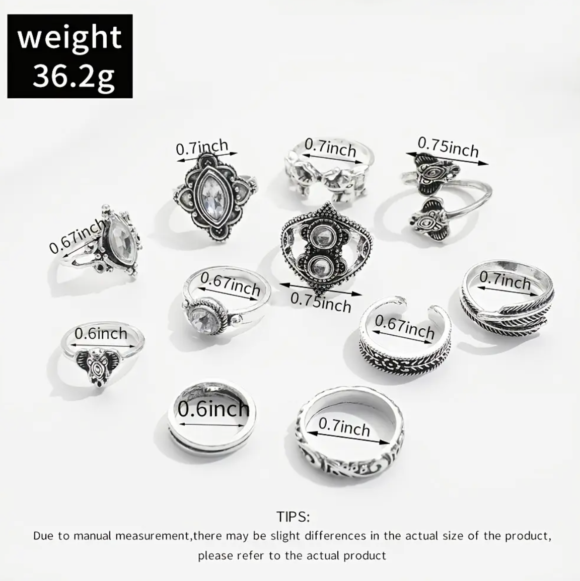 11-Piece Vintage Silver Boho Ring Set for Women – Gem Inlaid Elephant, Leaf & Feather Designs