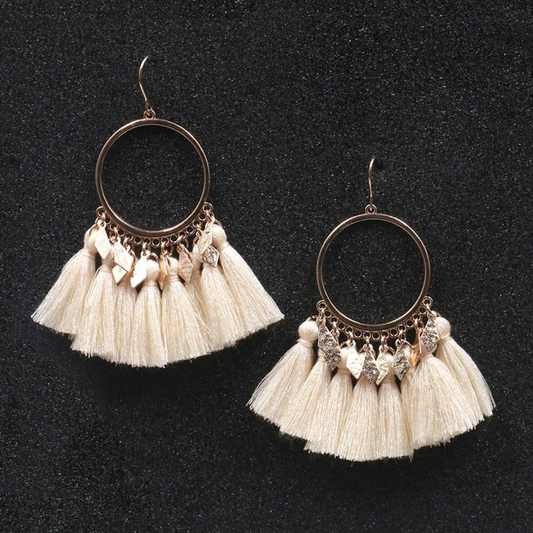 SUMMER BEACH White Tassel Hoop Dangle Earrings
