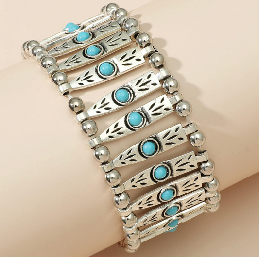 💎 Turquoise Decor Silver Alloy Metal Bracelet – Boho Chic Jewelry for Women