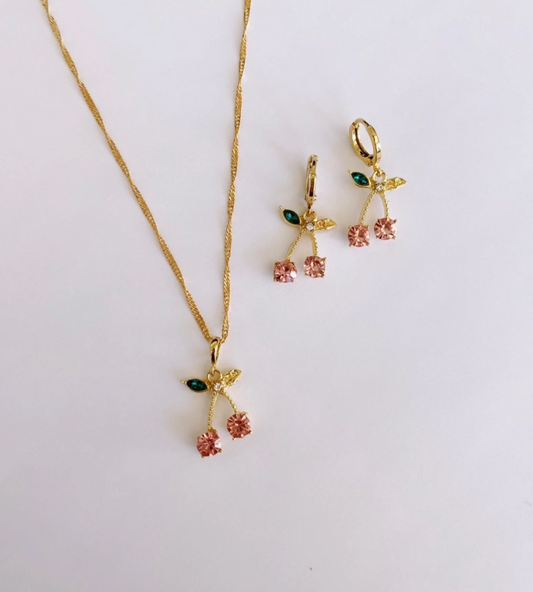 🍒 Pink Diamond Cherry Jewelry Set – Necklace & Earrings