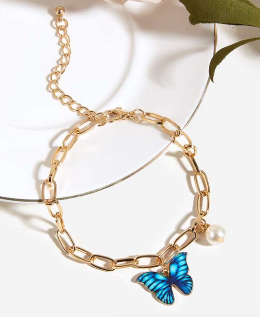Gold Plated Chain Bracelet – Blue Butterfly Charm & Real Pearl Accent