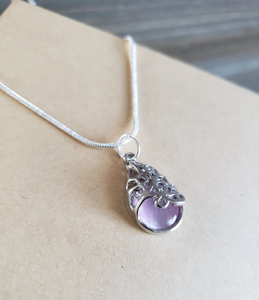 Lavender Opal Water Droplet Necklace – Love Pendant with Elegant Chain