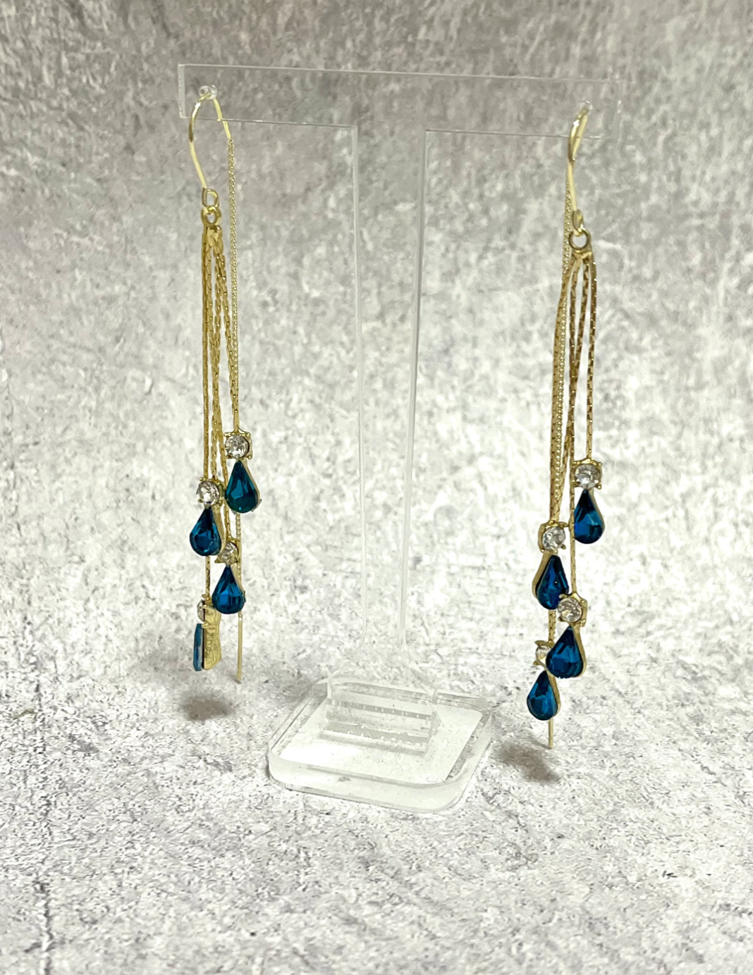 Ocean Blue Layered Threader Earrings – Crystal Zircon, Long Drop Design