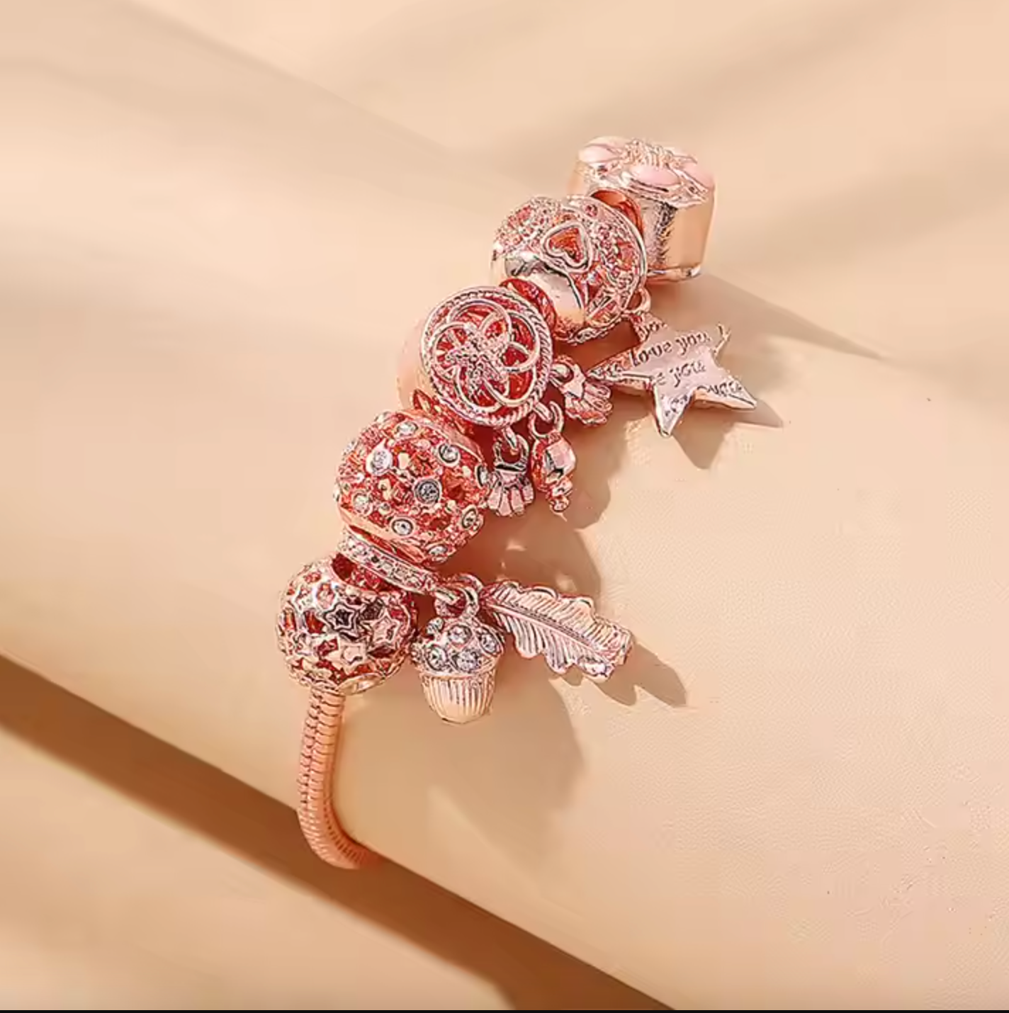 ✨ Pink Crystal Charm Bracelet – Flower, Star, Leaf & Shell Pendants | Elegant Gift for Girls